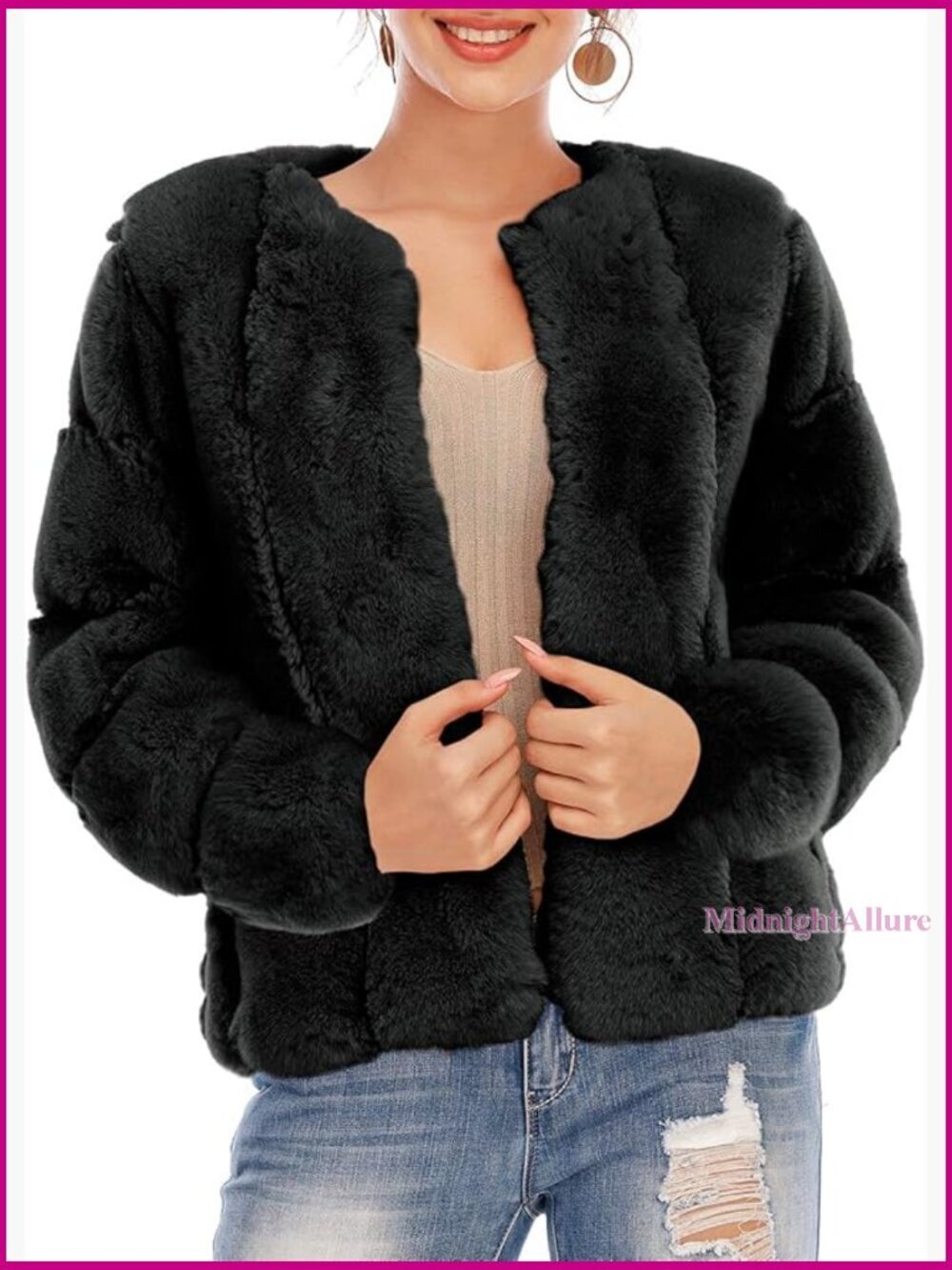 Long Sleeve Open Front Faux Fur Coat, Cocoon Silhouette, Regular Fit